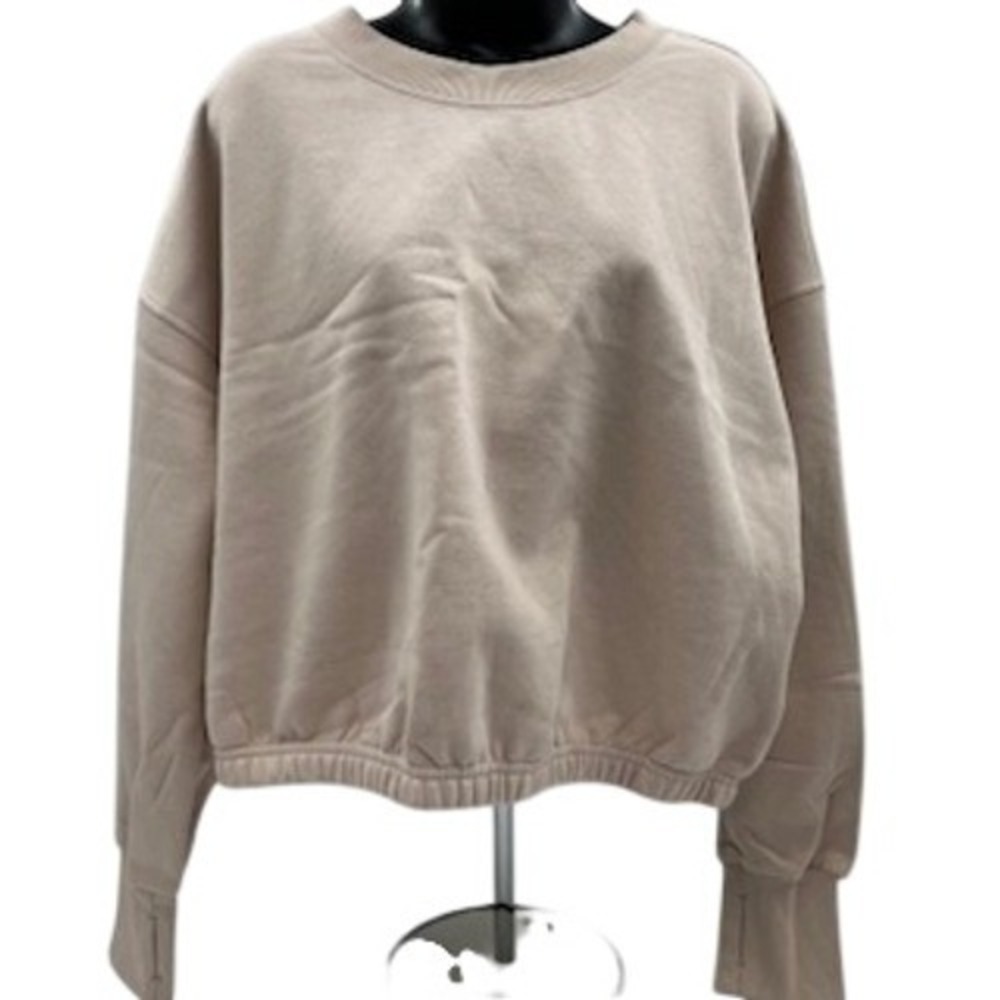 JoyLab‎ Womens Cropped Crewneck Sweatshirt Tan Beige Thumbhole Elastic Hem NEW